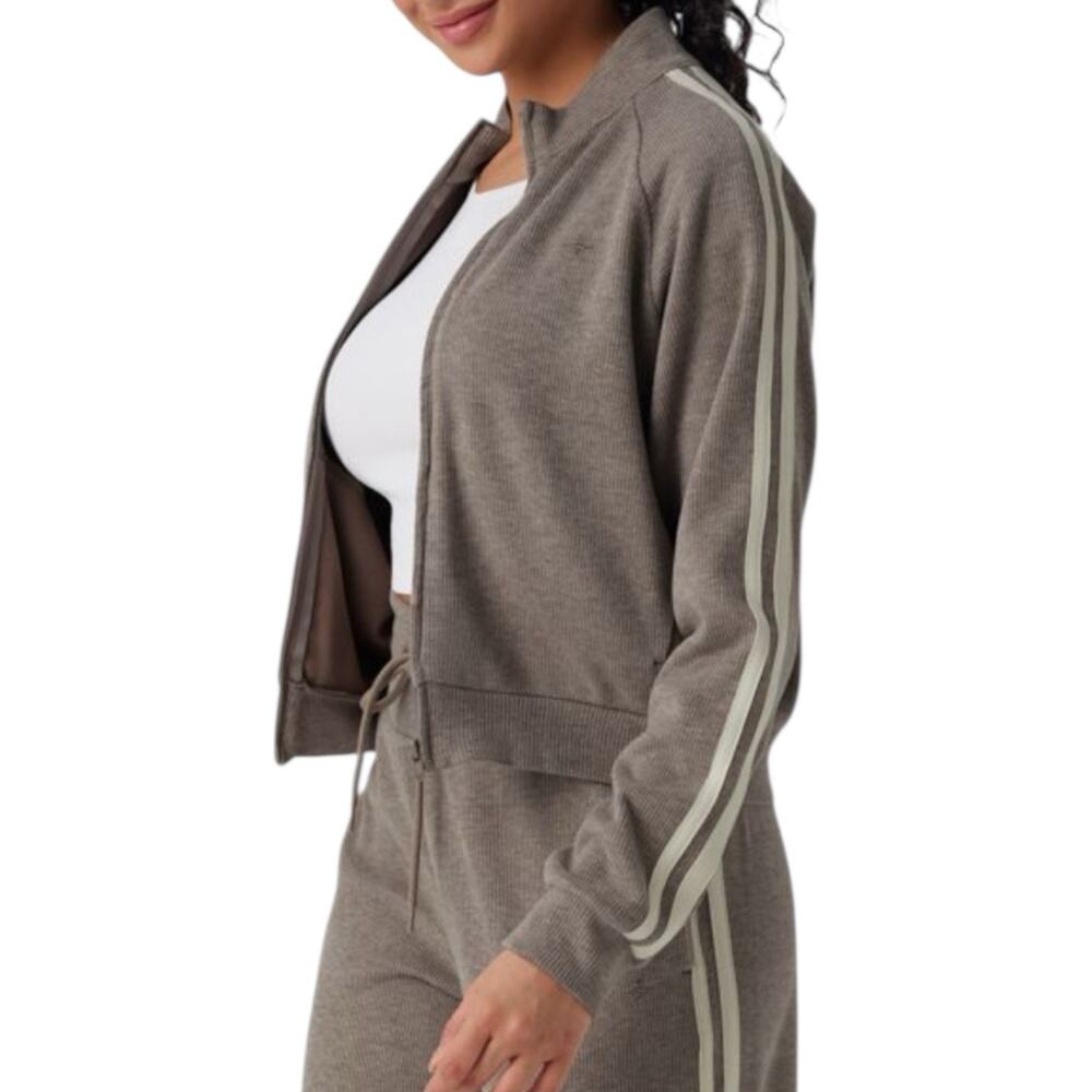 NWOT Halara Ribbed Stand Collar Long Sleeve Zipper Jacket Taupe Stripe XL